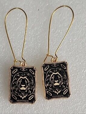 Hand Crafted Gold and Black Lion Strength Tarot Drop Earrings